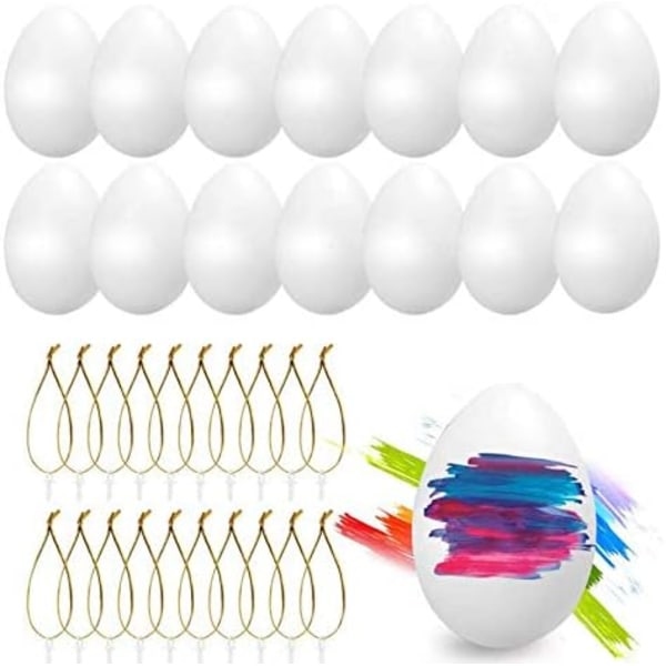 Påskäggsdekorationer, 25 Stycken Hängande Påskägg, Vita Påskägg med Snöre, DIY Påskpysselmålning för Dekoration och Gåva, 6cm (Vit)