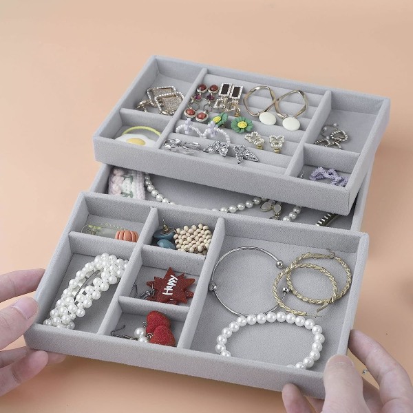 Smyckesbrickor Organizer Set med 3 stapelbara smyckeskrin i sammet
