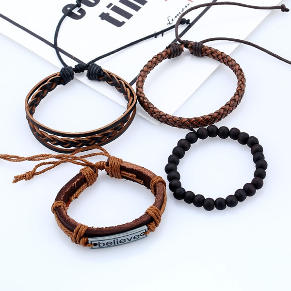 Mix 4 Wrap Bracelets Men Women, Hemp Cords Wood Beads Ethnic Tribal Bracelets, Leather Wristbands - Style2 Style2