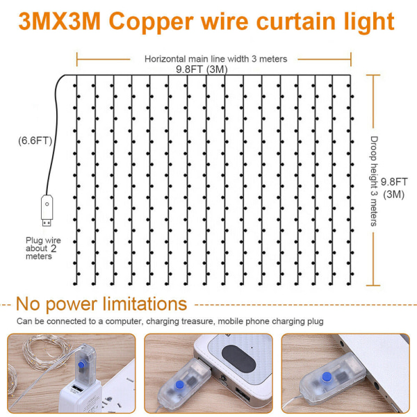 300LED USB Gardin Fairy String Curtain Light Party Home Decor Warm White 3*3m 300 lights