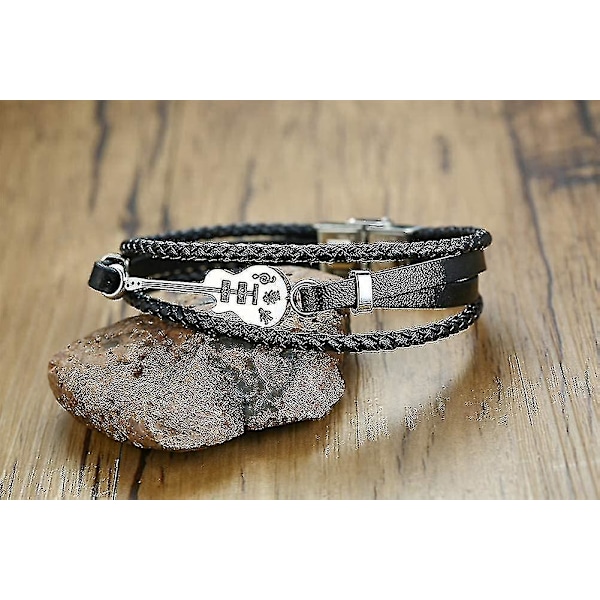 Unisex Armband i rostfritt stål och läder med gitarr, handvävd, flerlagers, herr musik