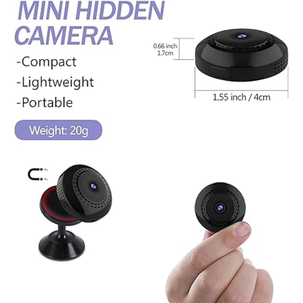 Mini Spionkamera WiFi Trådlösa Dolda Kameror 1080P Liten Bärbar med Telefonapp, Rörelsedetektering, Mörkerseende för Inomhus Utomhus Liten Kamera
