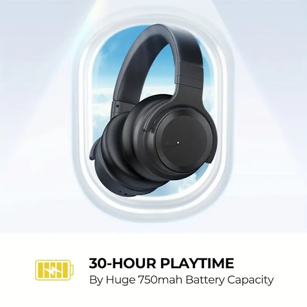 Active Noise Cancelling Trådløse Øretelefoner, Rig Bas, Klare Opkald, 30 Timers Afspilningstid, Komfortabel Brug, Sort