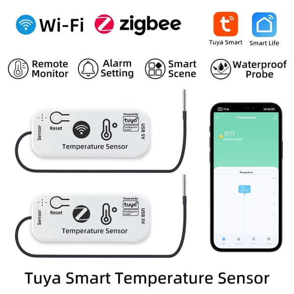 Tuya Smart Temperatursensor WiFi/Zigbee -20°C til 105°C, Fjernovervåking, Alarmer, Tilkoblet Termometer, Smart Life App - 2m WiFi-kabel