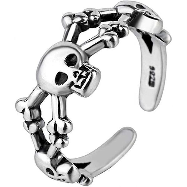 925 Sterling-hopeapinnoitettu retro-diskantti ihmisen luurangon kallopään säädettävä bändisormus, koko 5-7