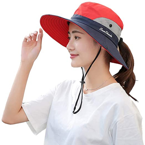 Womens UV Protection Wide Brim Sun Hats - Cooling Mesh Ponytail Hole Cap Foldable Travel Outdoor Fishing Hat（Red） Red