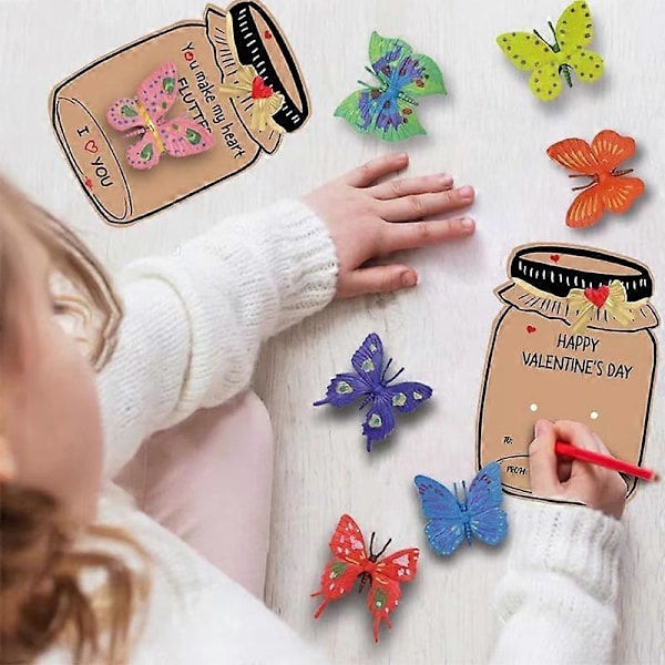 Valentineskort for barn, 24-pakning Happy Valentines Day-kort med sommerfugler, morsomme Valentinsgaver til klasserom, 3D Valentineskort for barn til skolen