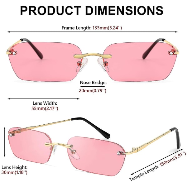 Retro små smale, kantløse solbriller Clear Eyewear Vintage rektangulære solbriller for kvinner menn B2643 Pink