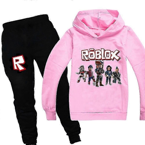 Roblox Printet Børn Drenge Piger Afslappet Sæt Hættetrøje Toppe Joggingbukser Træningsdragt Sæt Aktivt Tøj 13-14Years Pink