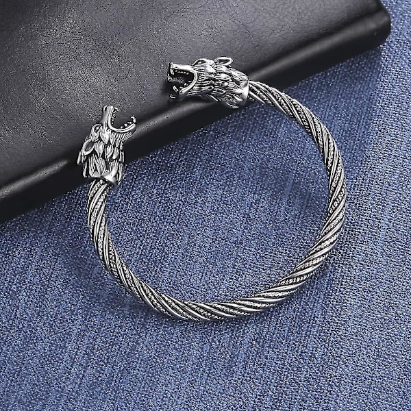 Viking Armband Justerbart Rostfritt Stål Djurhuvud Manschettarmband Tvinnat Kabelarmband