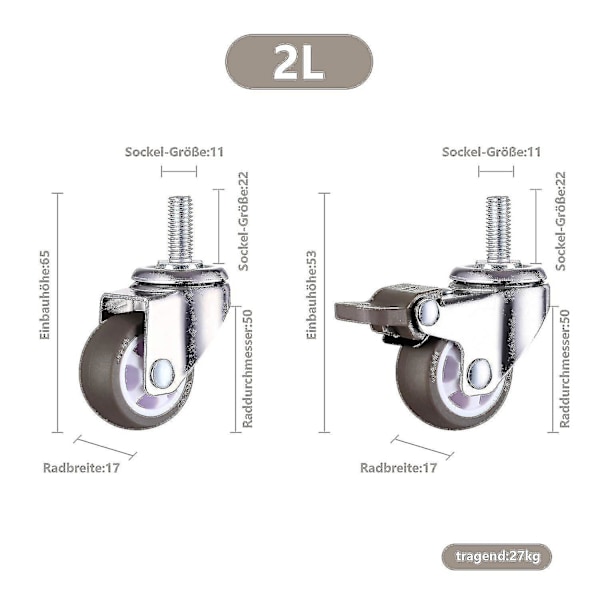 M10 Svingbare Hjul Med Bremse, Svære Gummiløbehjul, Arbejdsborde, Møbelhjul, Gevinddiameter: 10mm, Længde 25mm, 2 Med Bremse + 2
