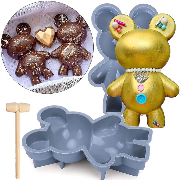 Bear Chocolate Silicone Molds, 2pcs Large 3d Breakable Teddy Bear Chocolate Mold With 1 Hammer