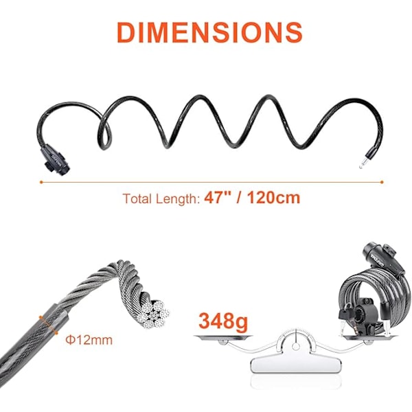 GA1204-12 Cykellås 120 cm Kabellås til Cykler, Motorcykler, El-scootere, Sort