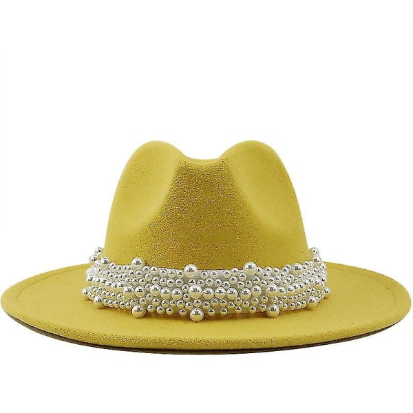 Dam Herr Ull Fedora Hatt Med Pärlband Gentleman Elegant Dam Vinter Höst Bred Brätte Kyrka Panama Sombrero Jazz Cap 60cm yellow 58-61CM