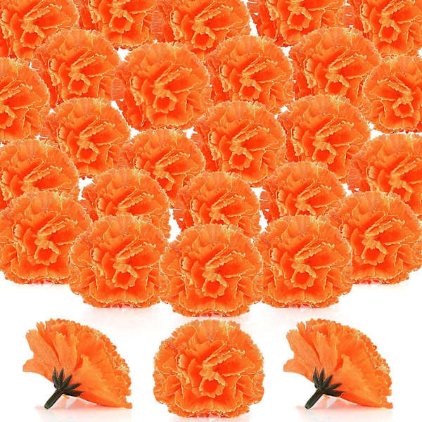 50 stk. Morgenfrue Blomsterhoveder Bulk Kunstige Blomster med Stilke DIY Morgenfrue Guirlande Day of The Dead Dekoration Dia De Los (Orange, 6 cm)