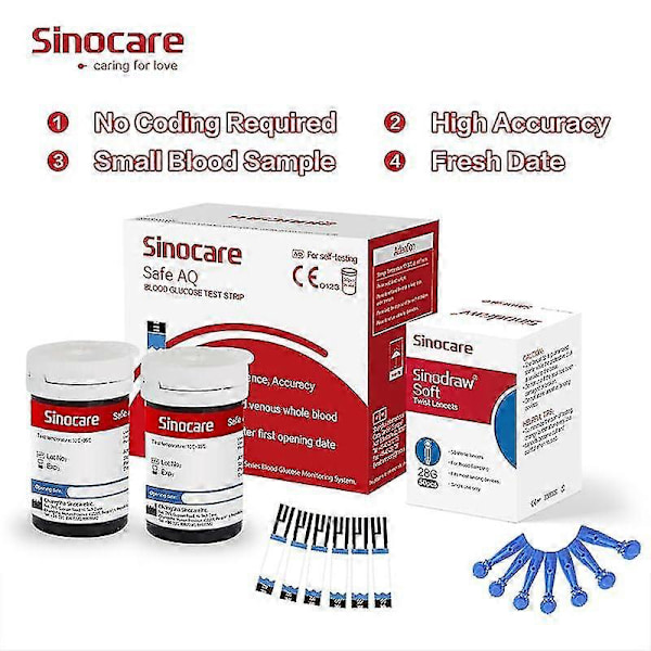Sinocare 50 st Blodsockerteststickor & 50 st Lansetter för Safe AQ Smart och Safe AQ Voice A1 50pcs strips