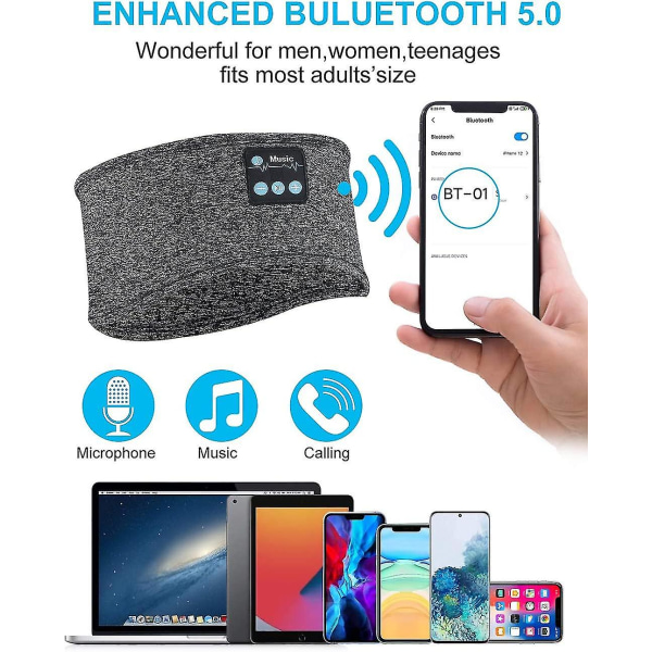 Søvnhovedtelefoner med Bluetooth-hovedbånd, Soft Sleep Trådløs Musik Sports-hovedbånd, Langtidsholdbare Sleep-hovedtelefoner med Hifi Stereo-højttalere Grå