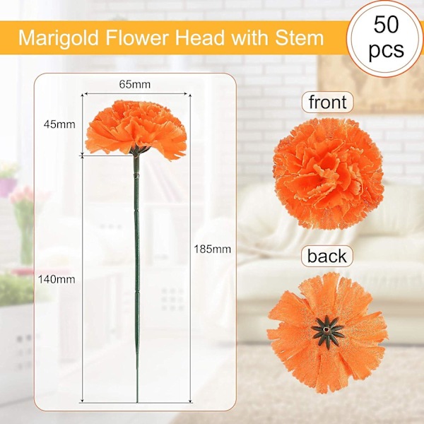 50 stk. Morgenfrue Blomsterhoveder Bulk Kunstige Blomster med Stilke DIY Morgenfrue Guirlande Day of The Dead Dekoration Dia De Los (Orange, 6 cm)