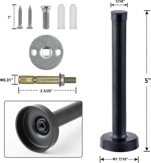 Dørstoppere, 15 cm lang dørstopper, veggmontering, kraftig solid svart dørstopper børstet rustfritt stål med myke gummistøtfangertupper black 5 Inch