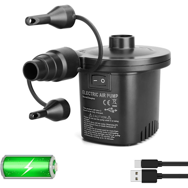 Elektrisk luftpumpe, hurtigfyllende oppladbar batteripumpe for oppblåsing og tømming, luftmadrasspumpe, 3 dyser inkludert (USB-adapter: 5V)