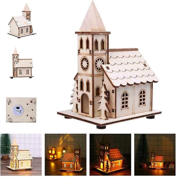 Ny Rustik LED Trækirke, DIY Træ Julelandsby Scene, Lysende Juledekorationer (c)
