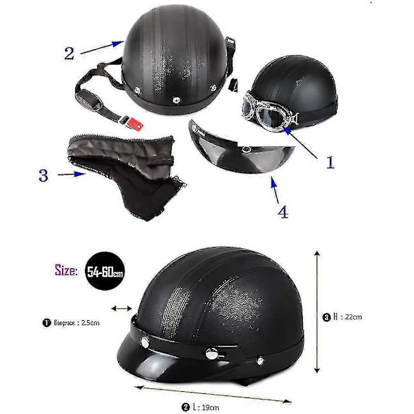 Moottoripyörän skootterin avoin puoli-kasvoinen nahkakypärä UV-suojalla varustetuilla retro-tyylisillä suojalaseilla 54-60cm Black