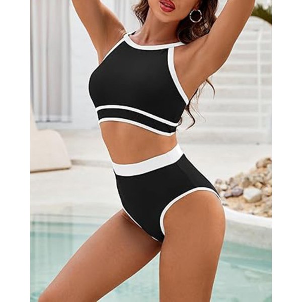 2024 Ny Europeisk och Amerikansk Dam Baddräkt Hög Midja Bikini Set Enfärgad Sport Baddräkt Tvådelad Baddräkt (Svart) Storlek 2XL