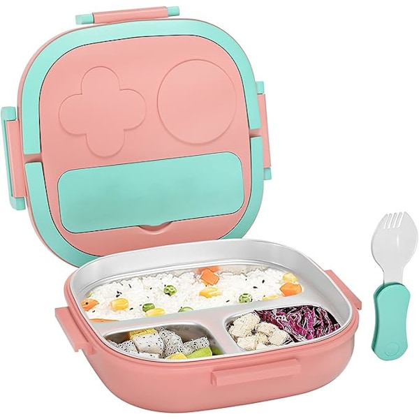 Matboks for Bento Boks Mat Rustfritt Stål 3-Rom Design Bærbart Håndtak Lekkasjesikker (Rosa)