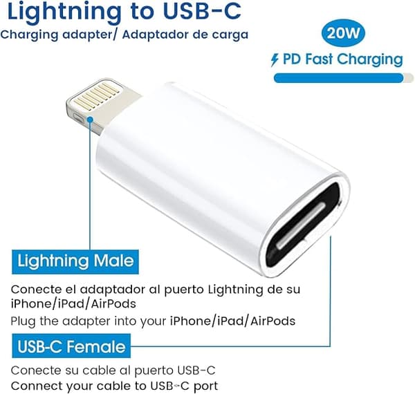 USB C til Light-Ning Adapter, PD 20W Hurtiglading, (For iPhone 15 Serien), Kompatibel med Apple Serien… (USB C til Light-Ning Adapter)