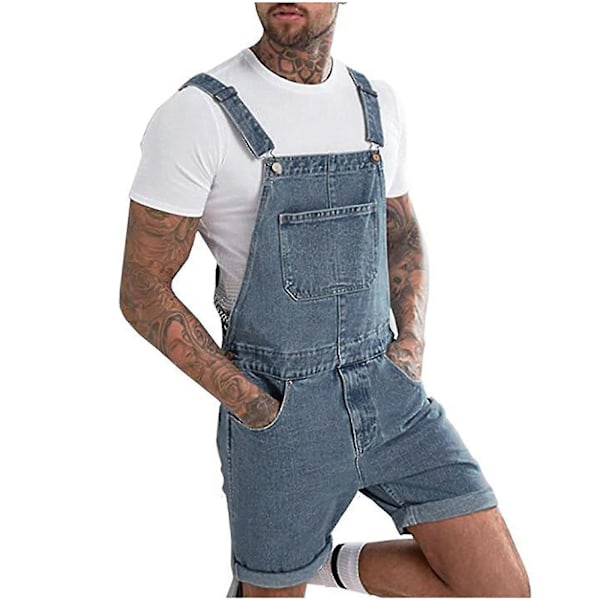 Mænd Casual Mode Solid Brystlomme Denim Ripped Shorts Straight Type Overalls Blue S