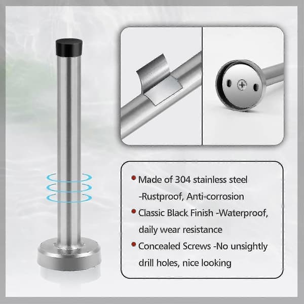 Dørstoppere, 15 cm lang dørstopper, veggmontering, kraftig solid svart dørstopper børstet rustfritt stål med myke gummistøtfangertupper Silver 6 Inch