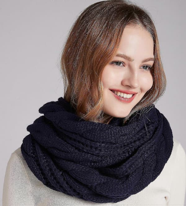Dame Tyk Ribstrikket Vinter Infinity Circle Loop Halstørklæde Premium Twist Navy Blue