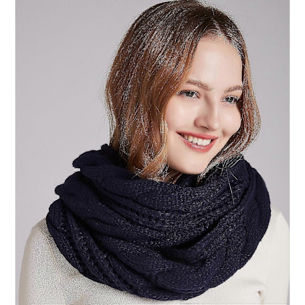 Damers Tykk Ribbestrikket Vinter Infinity Circle Loop Skjerf Premium Twist Navy Blue
