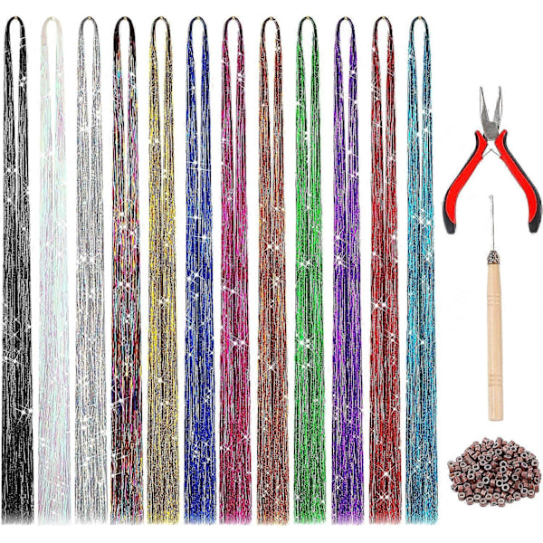 Fargerike Hårextensions, 120 cm, Glitter Hårstykker, 12 Farger, Fargerike Hårstrå med Verktøy, Hårbørste for Kvinner, Jenter, Hårtilbehør