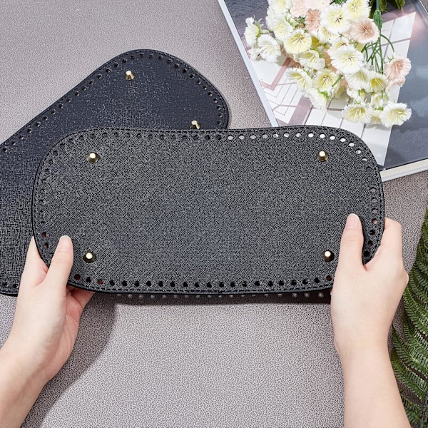 Svart Virkad Väska Botten Bas 30x15cm Oval PU Läder Väska Formningsplatta med Spikhål för Vävd Läder Väska Axelväska, 2 Stycken, Hål: 4mm