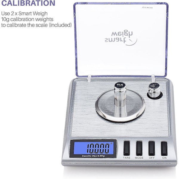 Smart Weigh Gem20-20g X 0,001 grammaa, erittäin tarkka digitaalinen milligramma koruvaaka, uudelleenladattava, koru- ja jalokivivaaka, kalibrointipainot ja pinsetit