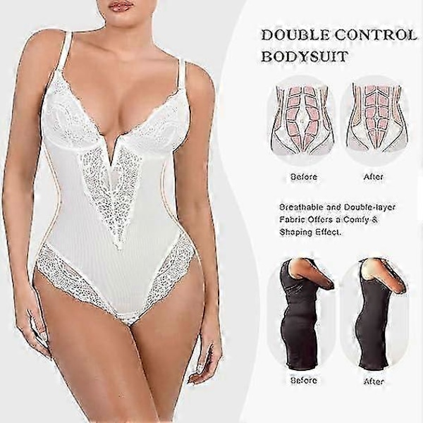 Popilush Spets Shapewear Bodysuit Dam V-ringning Mage Kroppsdräkt Stringtrosor 3XL Coffee