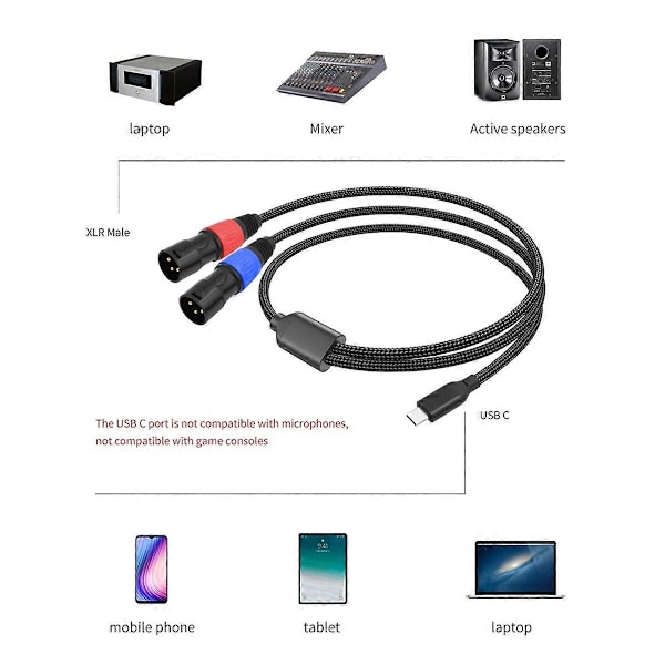 Type C til Dobbelt XLR Han Aux Lydkabel USB C til Dobbelt XLR Kabel 200cm