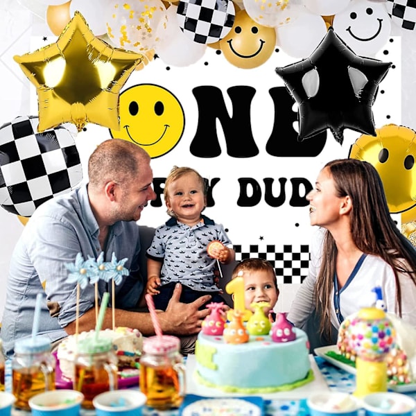 One Happy Dude Födelsedagsbakgrund för Barn med Smiley Face 1-årsfotografering Bakgrundsdekorationer Barn Första Födelsedagsfest Tårtbordsbanner 150x90cm