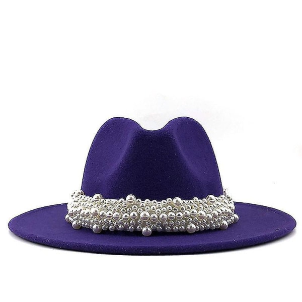 Kvinder Mænd Uld Fedora Hat Med Perlebånd Gentleman Elegant Dame Vinter Efterår Bred skygge Kirke Panama Sombrero Jazz Cap 60 cm purple 55-58CM