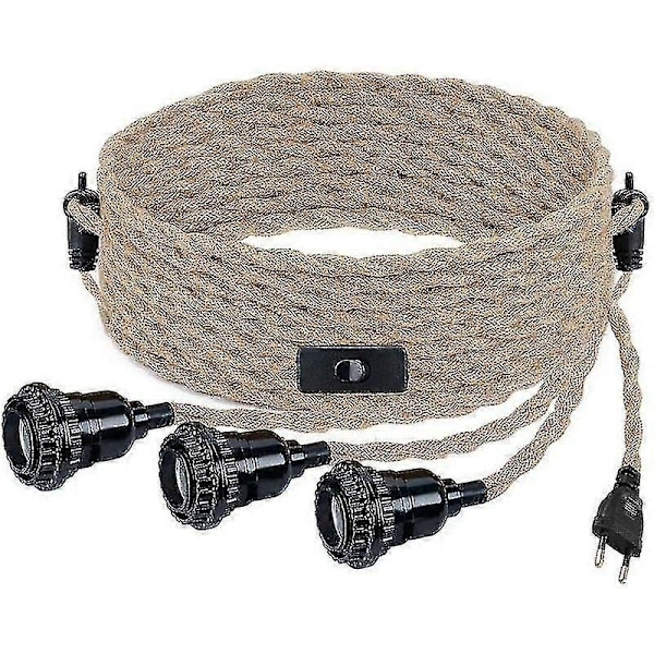 DIY Hengelampe med hamptau, tekstilkabel, 3E27-lampe med bryter og støpsel, retrolampe 9 meter kabel, lampe for spisebord, kafé, Li