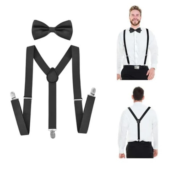 JFJC Sort Voksen Bowtie Suspender Sæt Justerbar Clip On Elastic Herre Suspender til Office Business