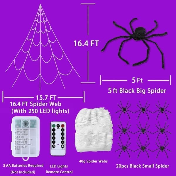 Halloween-dekoration - 5M edderkoppespind LED-lyskæde med 250 LED-lys og sort edderkop til hjem og have