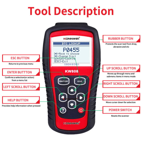 KW808 bil feildiagnostisk instrument deteksjonsdekoder skanner ELM327OBD2AL519