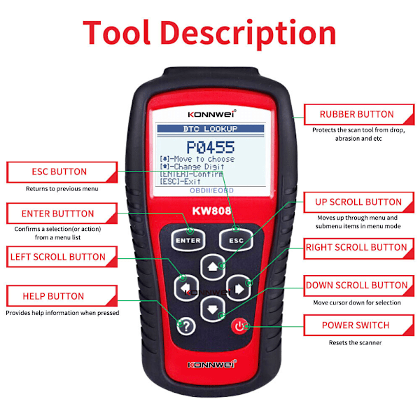 KW808 bilfeldiagnostikinstrument detekteringsavkodare skanner ELM327OBD2AL519