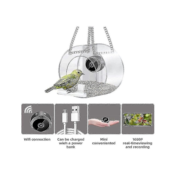 Fuglefoderhus med trådløst udendørs kamera, Fuglehus med 720P kamera, natversion, WiFi-kamera, Bla