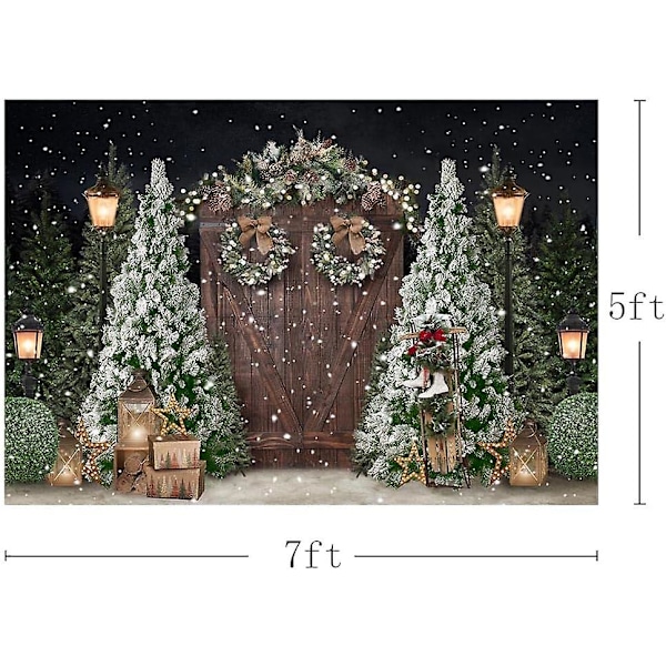 7x5ft Julebakgrunn Vinter Juletre Gave Høytid Snøscene Fotobakgrunn Tre Dør Julekrans Bord
