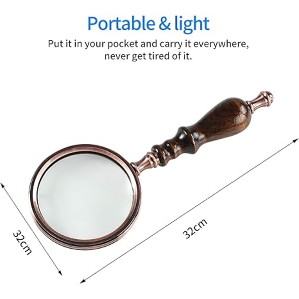 Forstørrelsesglass, 10X Antikk Kobber Håndholdt med Trehåndtak og Ekte Glass, Beste Leseforstørrer for Eldre, Makuladegenerasjon