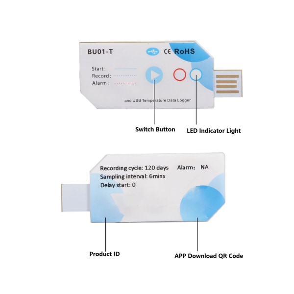 USB Lämpötila Data Logger Bluetooth APP Connection Temp PDF Report Recorder 120 päivää 32000 Kapasiteetti