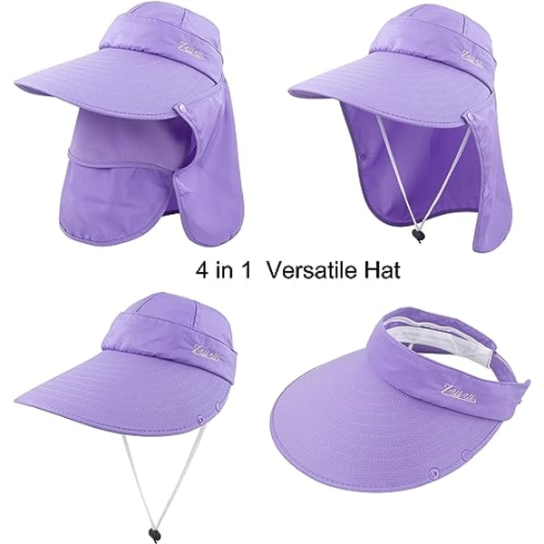 Women Sun Wide Brim UV Protection Fishing Hats Foldable Ponytail Summer Hat with Detachable Flap(Light Purple) Light Purple